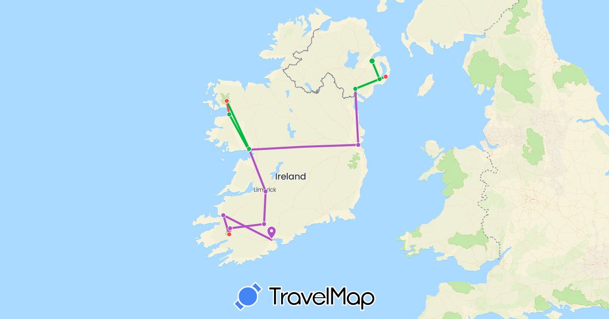 TravelMap itinerary: driving, bus, train, hiking in United Kingdom, Ireland (Europe)